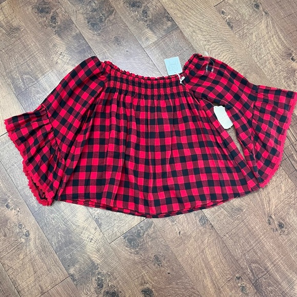 NWT  altar’d state red black plaid bell sleeves blouse Sz large - Picture 1 of 7